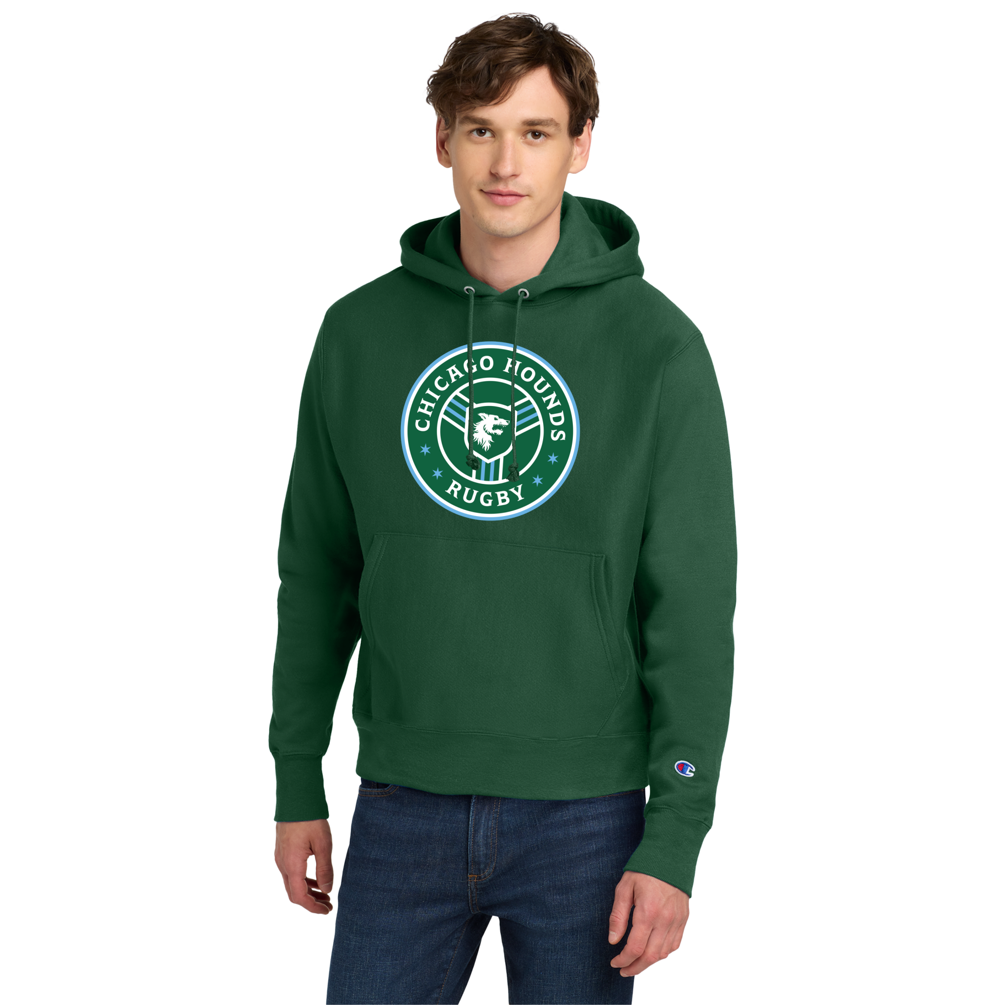 Chicago Hounds Primary Logo Champion Reverse Weave Hooded Sweatshirt - S101 Dark Green